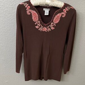 Brown Embroidered Women's Top with Detailed Floral Embroidery.